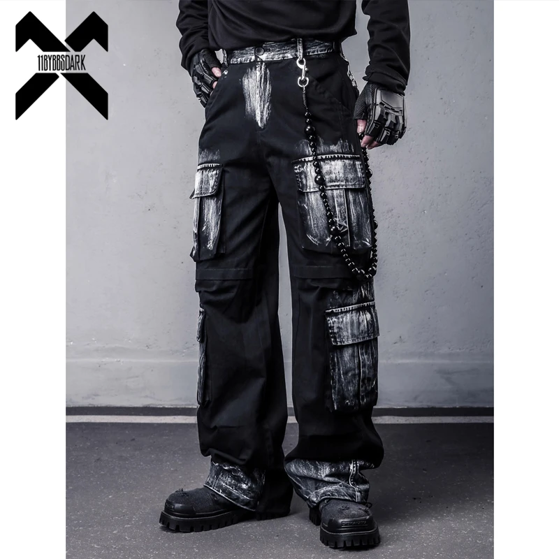 

Vintage Graffiti Paint Cargo Pants Men's Straight Leg Workwear with Multi-Pockets Retro Punk Wide Leg Trousers Streetwear