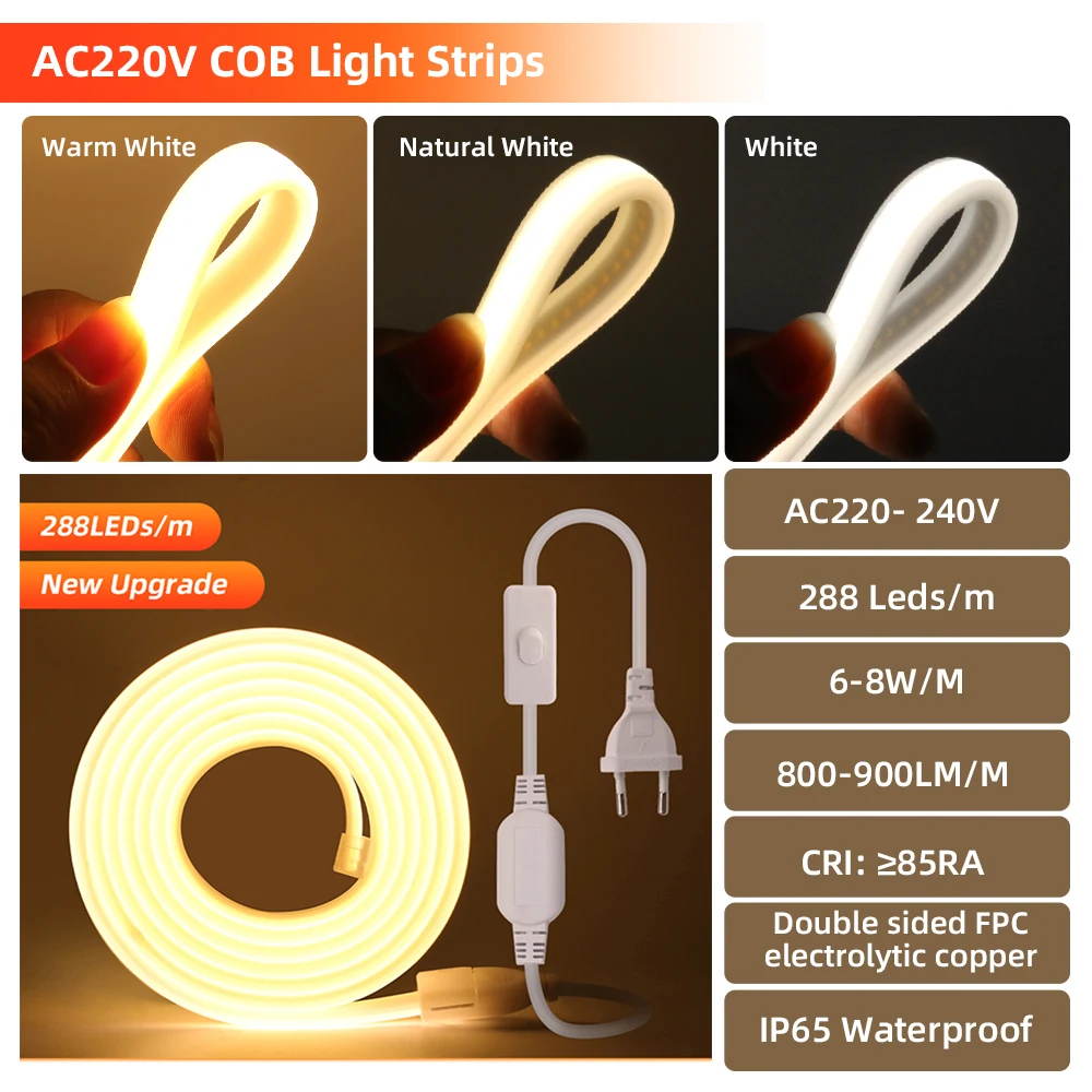 Imagem -06 - Impermeável Cob Neon Strip com Switch Plug Tubo de Silicone Corda de Fita Flexível Luz Led Decoração para Casa e Jardim 220v 288leds por m eu uk