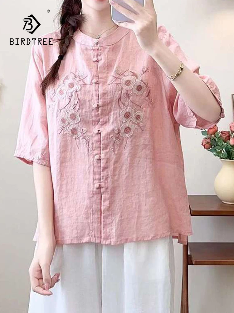 

New Summer Cotton Casual Shirt Women O Neck Short Sleeve Plum Blossom Embroidery Tops Girl Loose Blouses 2024 Autumn T45842QC