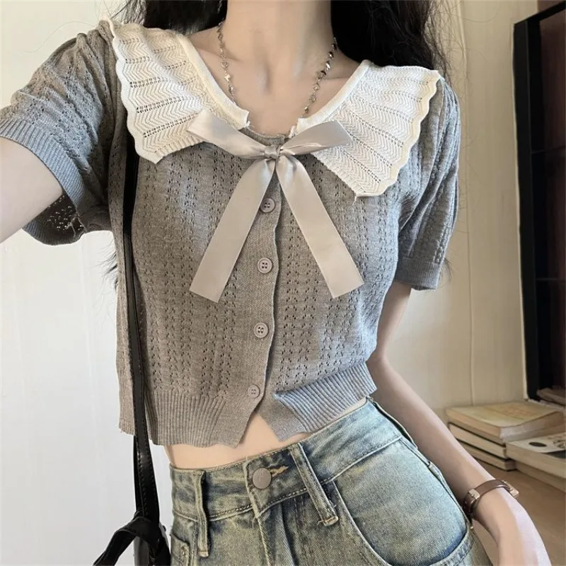 Ladies T Shirt Harajuku Cropped Elegant Women Fashion Clothing Summer Casual Street Trend Basis Tee Kawaii Bohemian Bow Y2k Top