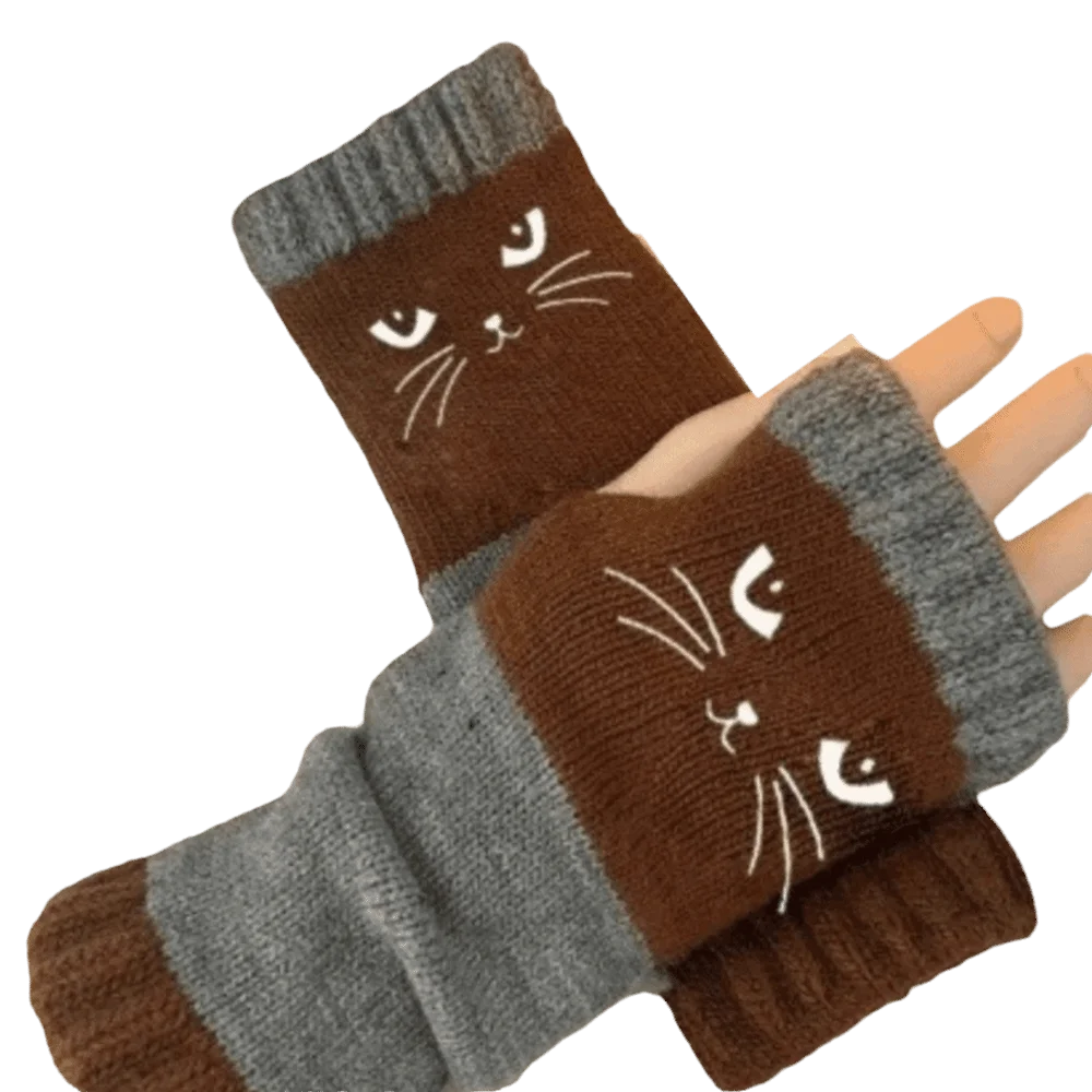 Fashion Thickened Knitted Fingerless Gloves Thick Soft Half Finger Gloves Color Block Striped Cat Embroidery Gloves Autumn