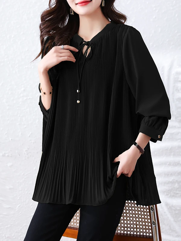เสื้อผ้าพลัสไซส์ทรงหลวมสไตล์สปริงแฟชั่นสีพื้นจีบระบายสำหรับผู้หญิงพลัสไซส์ใส่ทำงาน