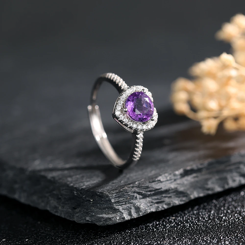 Genuine Natural Amethyst 925 Silver Ring Women's Valenties Gift Delicate Heart Shaped Faceted Stone Wedding Engagenement Jewelry