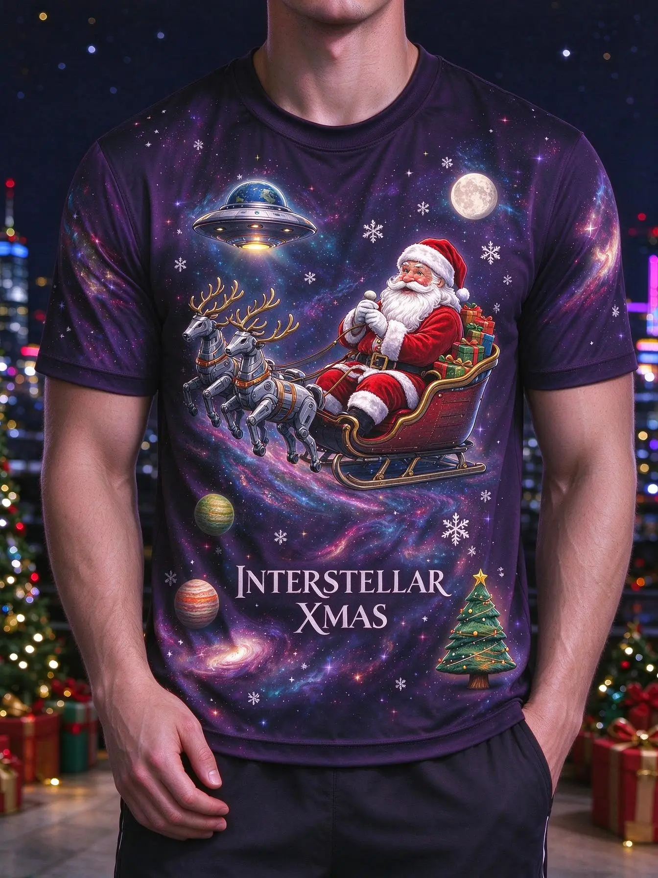 Men Christmas T-shirt Interstellar Xmas Santa Sleigh Reindeer UFO Galaxy Planet Snow Graphic Short Sleeve Tee