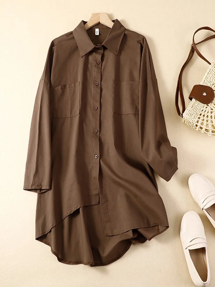 

Повседневная хлопковая льняная длинная све irt женская средней длины однотонный воротник на пуговицах винтажная одежда для поездок на работу Faion