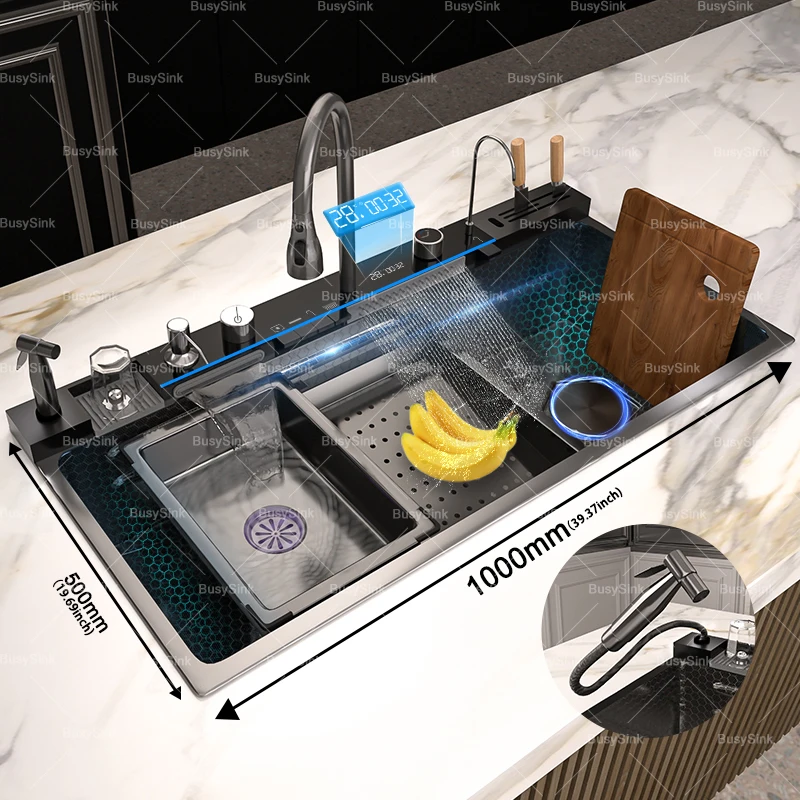 حوض مطبخ شلال من الفولاذ المقاوم للصدأ، وعاء واحد كبير جدًا، شاشة ديجيتال، أحواض غسيل الأطباق متعددة الوظائف #4