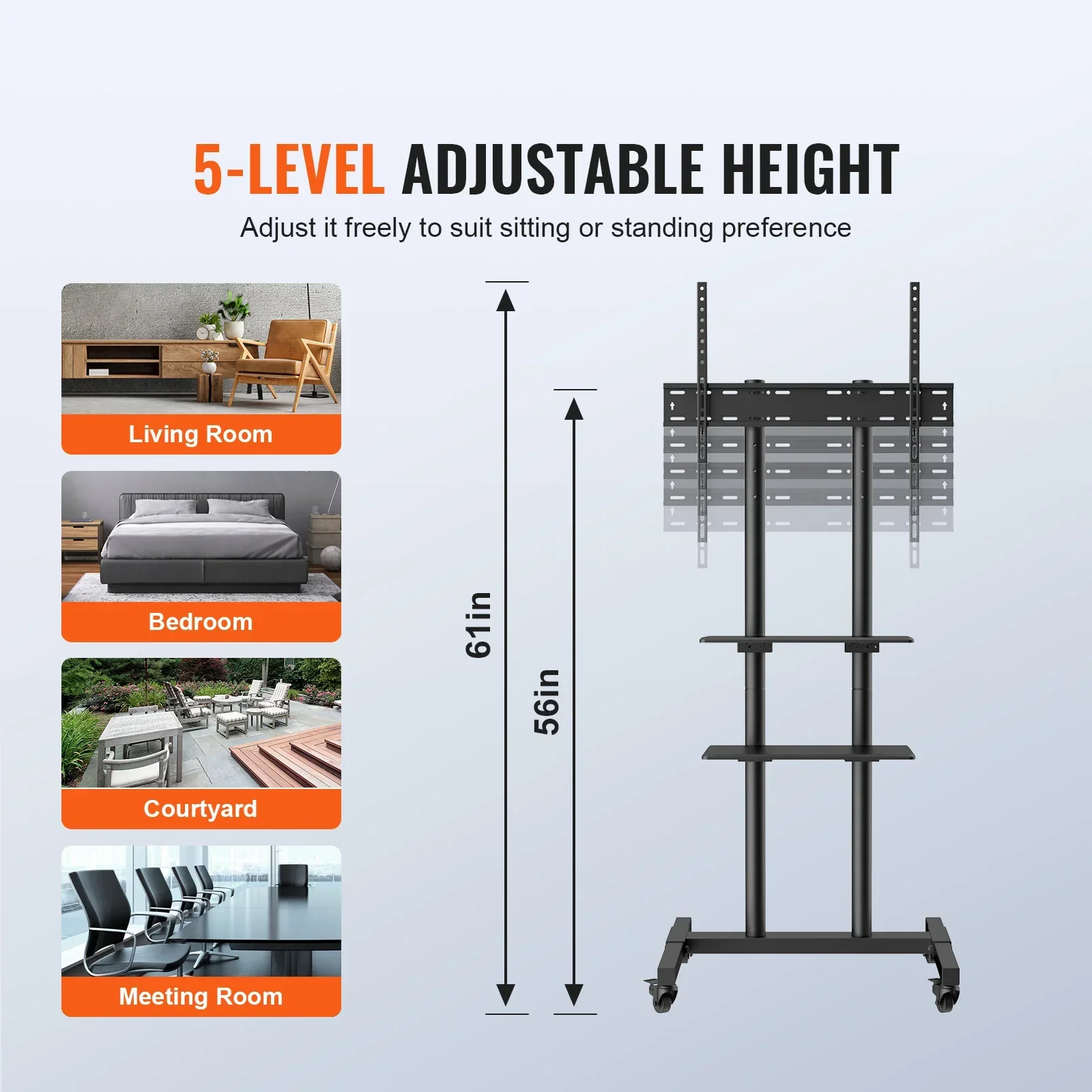 Imagem -03 - Vevor-suporte Ajustável em Altura com Rodas Suporte para tv Móvel Bandeja Dupla para Dispositivos Audiovisuais Rolling tv Stand para Quarto