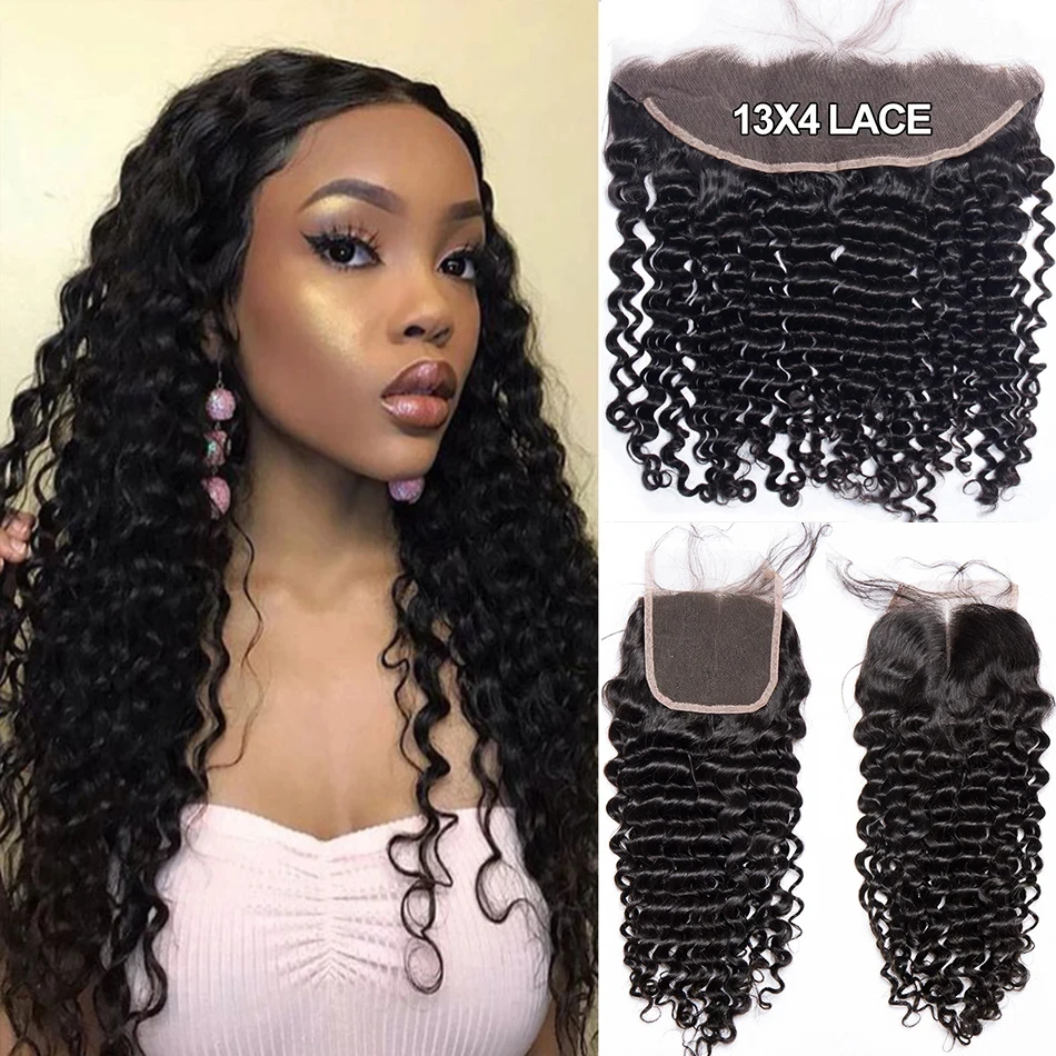 Lace Transparent Frontal 13x4 Water Wave 4X4 Closure Human Hair Brazilian Loose Closure Deep Water Kinky Curly