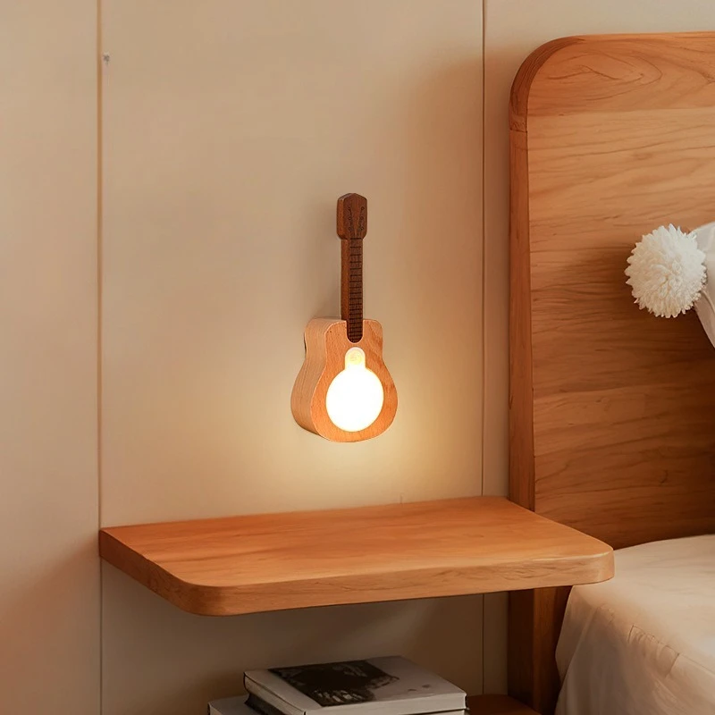 Moden Creative Wooden Guitar LED Wall Lamps Induction Lights Acrylic Lampshade Living Room Bedroom Corridor Restaurant Sconces