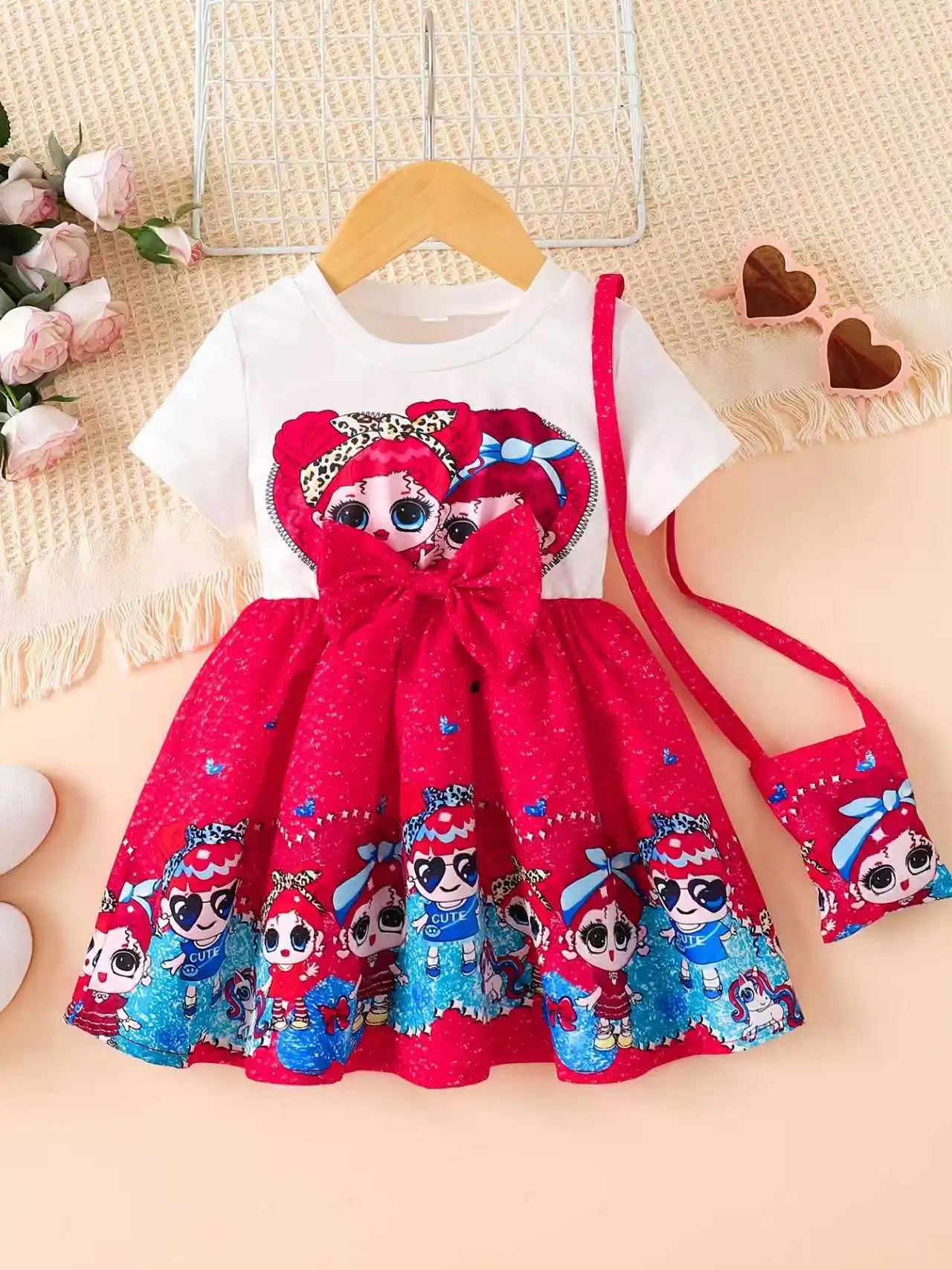 Toddler Girl Cartoon Doll Outfit Short Sleeve Dress + Matching Bag Red Bow Princess Dress for Kids Daily Wear