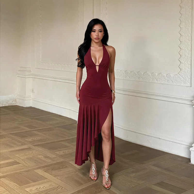 Yl26476 Suspend Neck Deep V Fishtail Split Backless Smart Fit Erotogenic Evening Party Clothes Summer Maxi Dress Femme Robe
