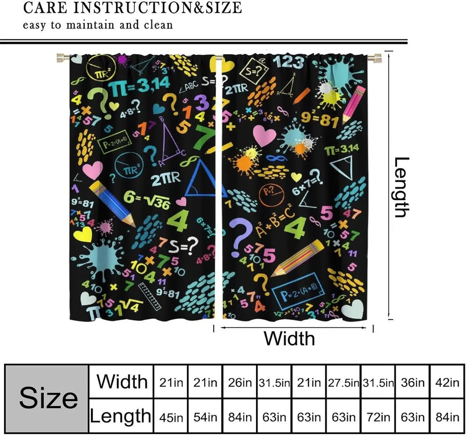 Colorful Math Equations Pattern Curtains Pi Science Algebra Study Room Decor Classroom Window Educational Geometric Curtain for