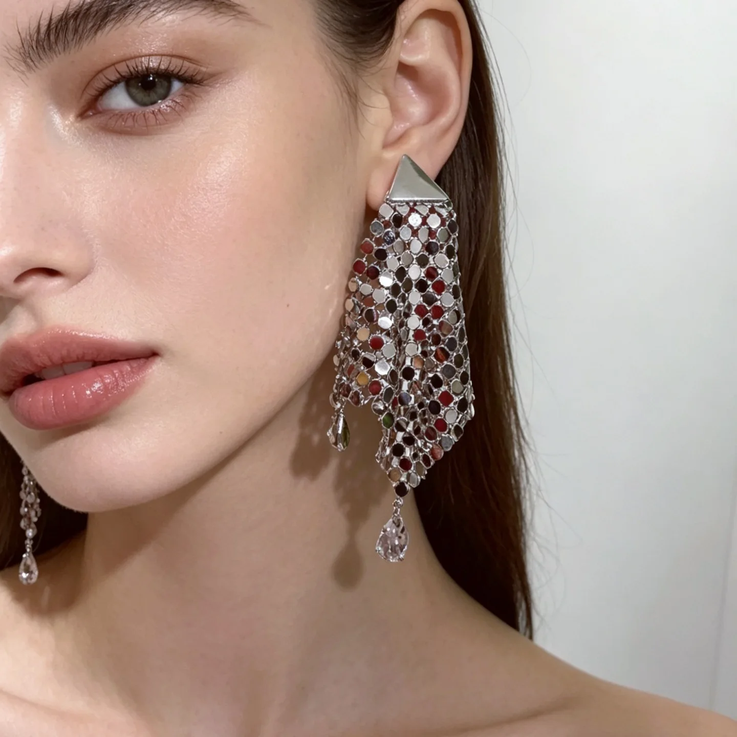 Wind silver triangular square sequined fringed earrings personalized exaggerated long stud earrings high-end earrings women