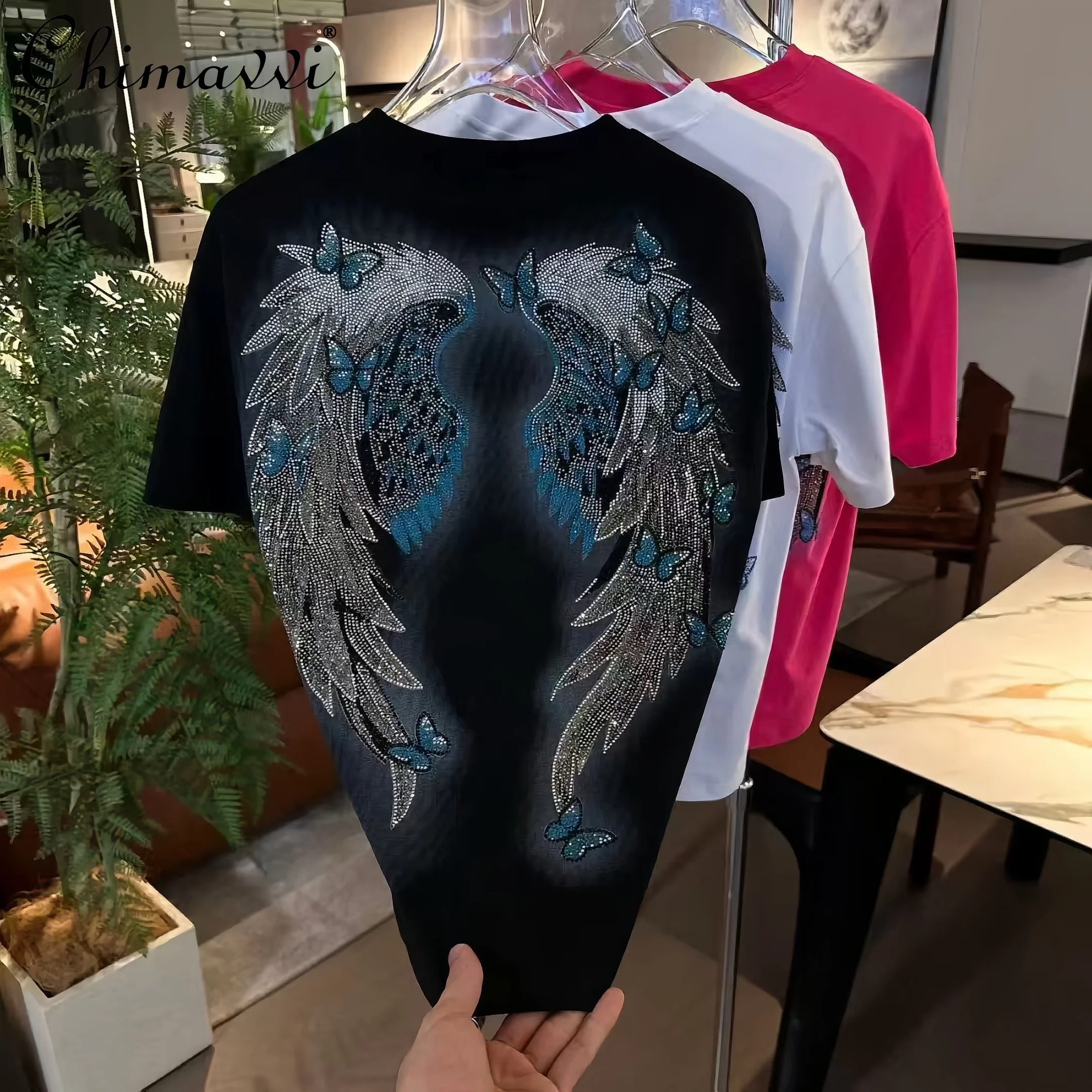 

Autumn New Heavy Wings Rhinestone Loose Short Sleeve T-Shirt Men and Women Fashion Round Neck Loose Short Sleeve Tees Top