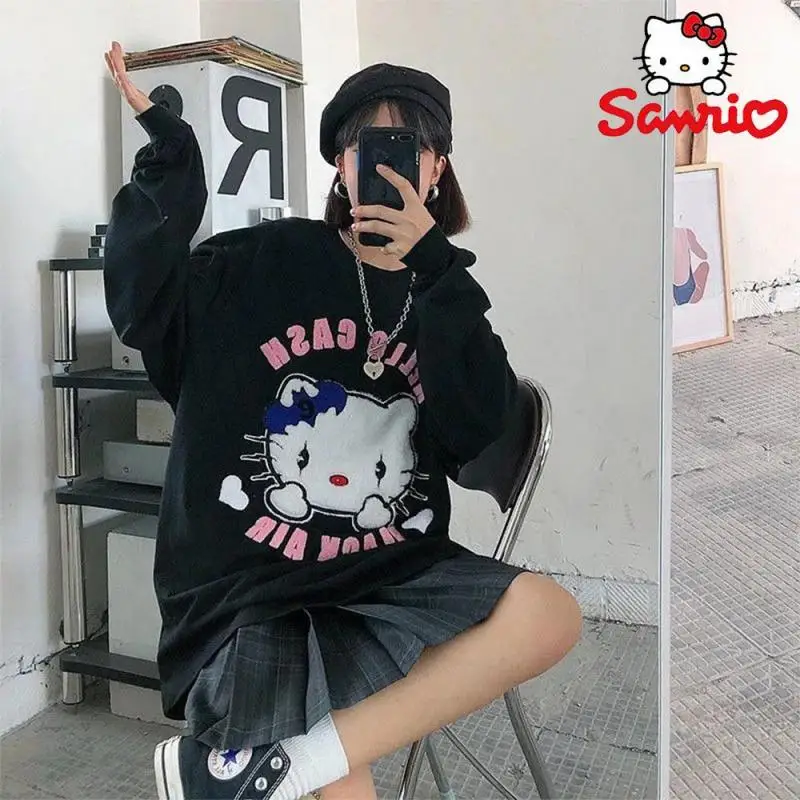 Anime Hello Kittys Long Sleeve Sweatshirt T-Shirt Spring Autumn Cartoon Loose Tops College Style Casual Versatile Bottom Shirt