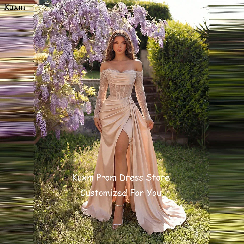 Kuxm Satin Formal Evening Dresses Lace Strapless High Slit Elegant Vestidos Floor Length Off The Shoulder Prom Gowns Customized