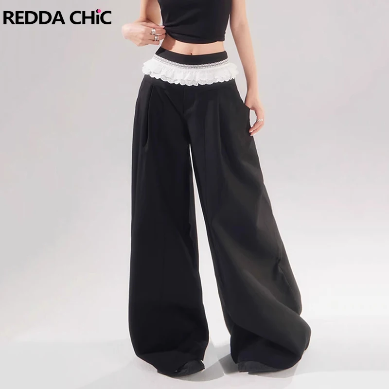 

REDDACHiC Frilly Lace Women Dress Pants Black Color Block Stright Loose Fit Cleanfit Suit Pants New Work Casual Summer Clothes