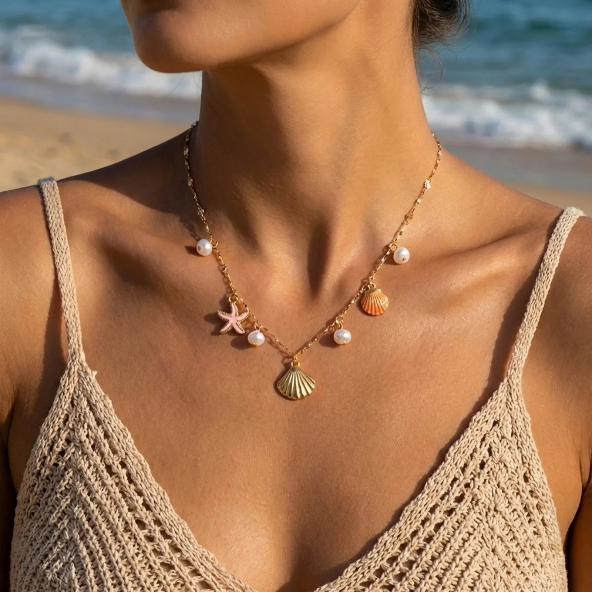 Sommerliche Halskette mit Imitationsperlen, Seestern- und Muschelanhänger für Damen und Herren, Bohemian Fischschwanz-Ozean-Strand-Choker, Urlaubs- und Party-Schmuck – Detail 5