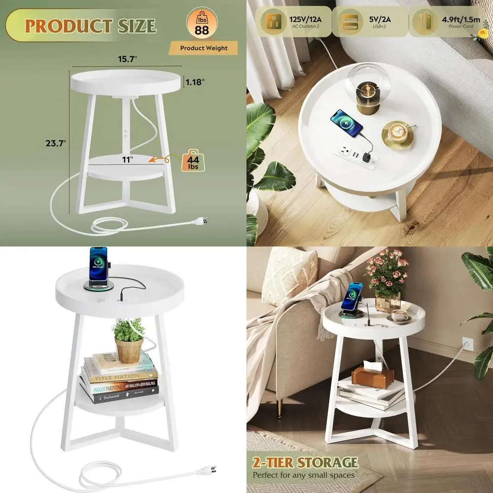 

White 2-Tier Charging Coffee Table, Small Round End Table with Sofa Couch, Wood & Metal Frame for Living/Bedroom