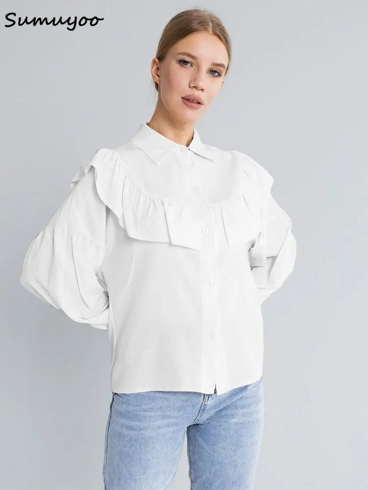 Sumuyoo Big Peter Pan Collar Ruffle Womens Blouse Long Sleeve Solid Cotton Casual Tops Female 2023, Wiosna Lato Frill Shirt