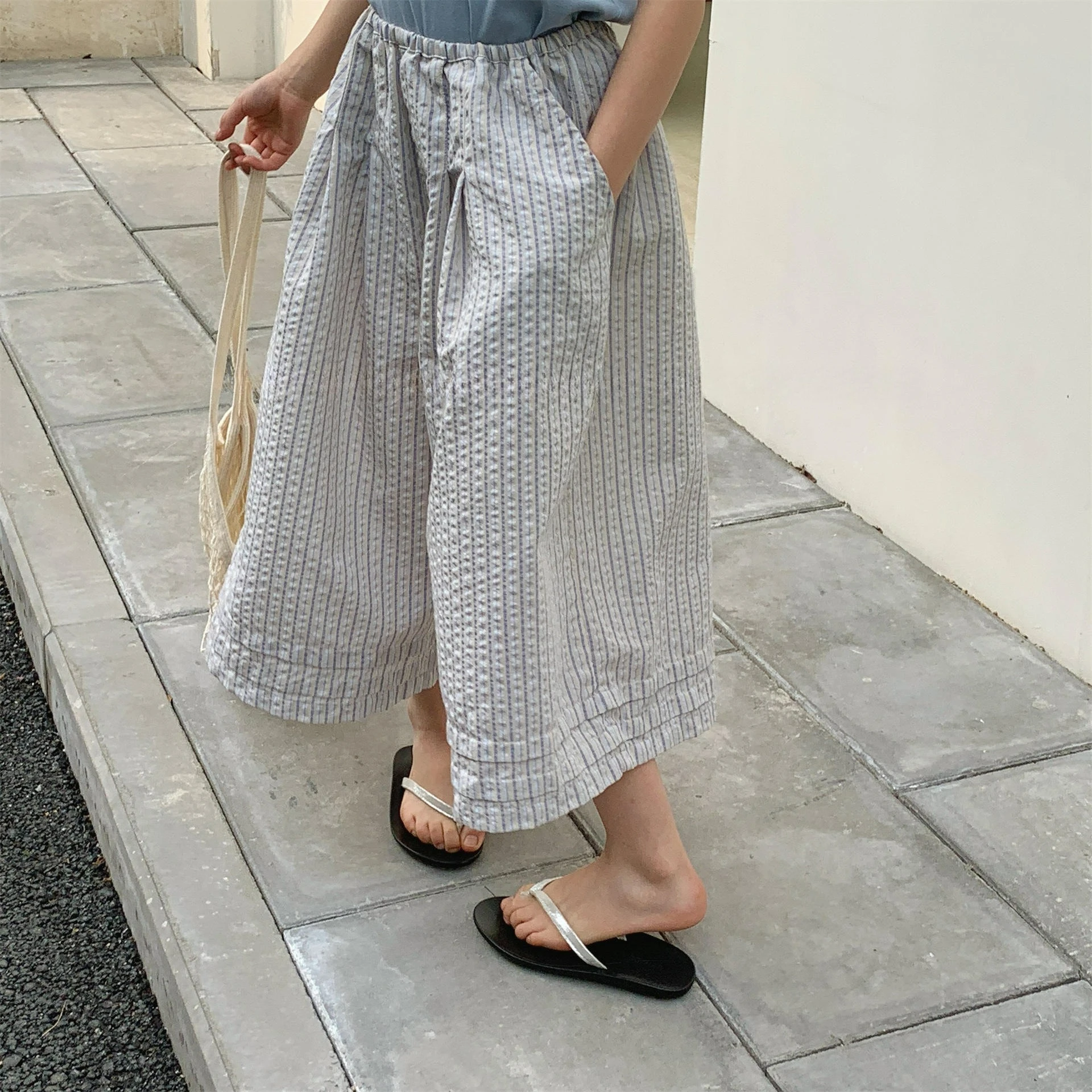 2026 Summer New Japanese Korean Style Girls Linen Cotton Cropped Wide Leg Pants Mosquito Repellent Kids Trousers
