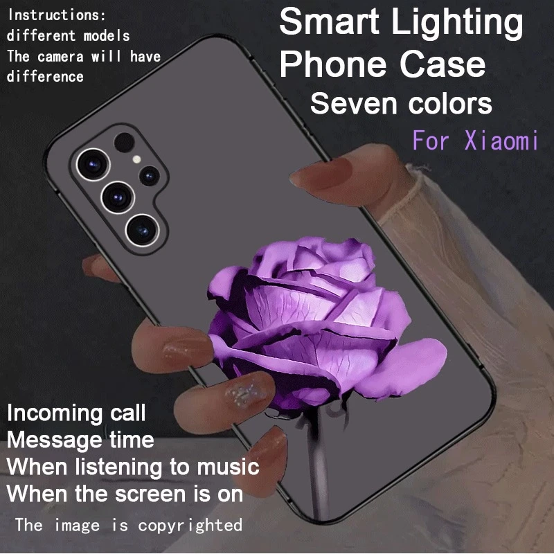 

Romantic Purple Rose LED Phone Case For Xiaomi Redmi Note 14 13 12 15 Pro 5G POCO F7 F8 Pro Ultra Call Glow In Dark Light Cover