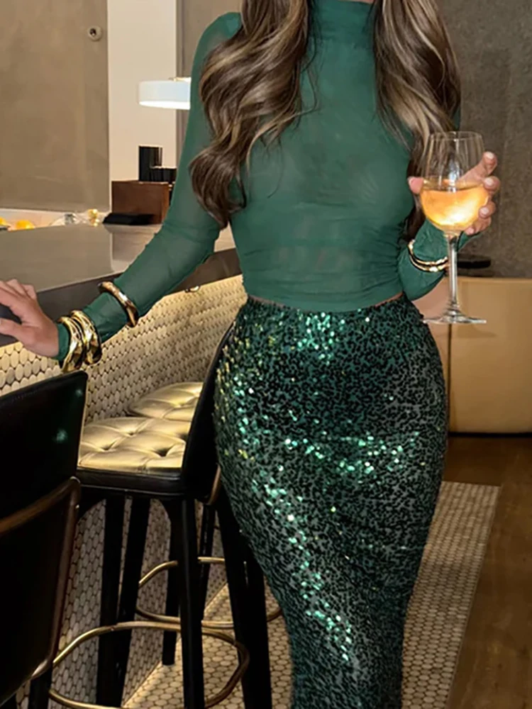 

Сексуальные облегающие коктейльные костюмы, женский топ с круглым вырезом и длинными рукавами и юбка, комплект из двух предметов, облегающий костюм с блестками и запахом, клубный наряд для вечеринки