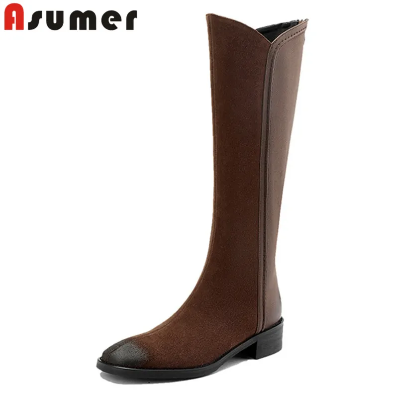 

ASUMER 2024 New Retro Cow Suede Women Boots Zipper Thick Med Heels Shoes Autumn Winter Ladies Knee High Boots