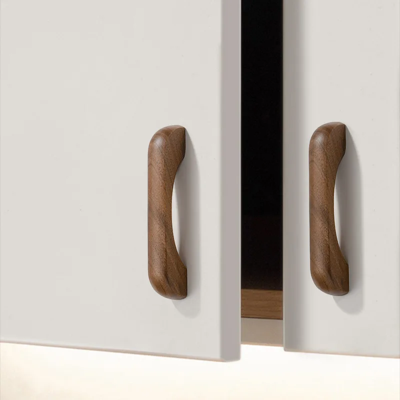 AOBT Natural Wood Color Solid Wood Cabinet Door Handle Creamy-Style Wardrobe Arch-Shaped Drawer Pull Long New Chinese Style