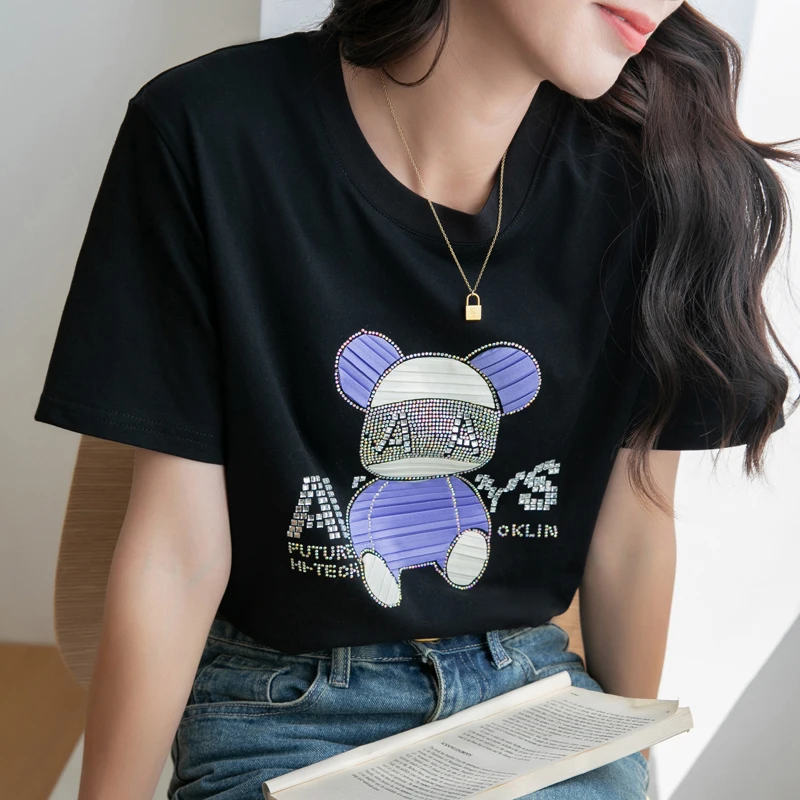 TuangBiang Summer 2023 Rhinestone Letter Bear Cotton Women T-Shirt Korean Embroidery Short Sleeves Soft Tshirt Female Black Tops