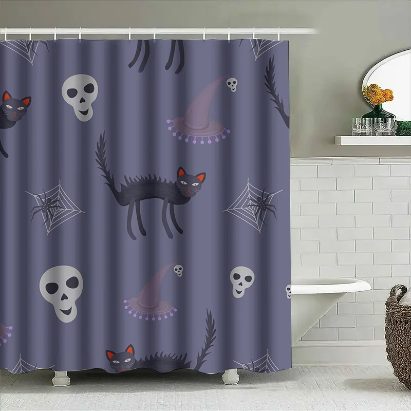 

1pcBlack Cat Halloween Bat Skull Bathroom Shower Curtain Waterproof Fabric Decor