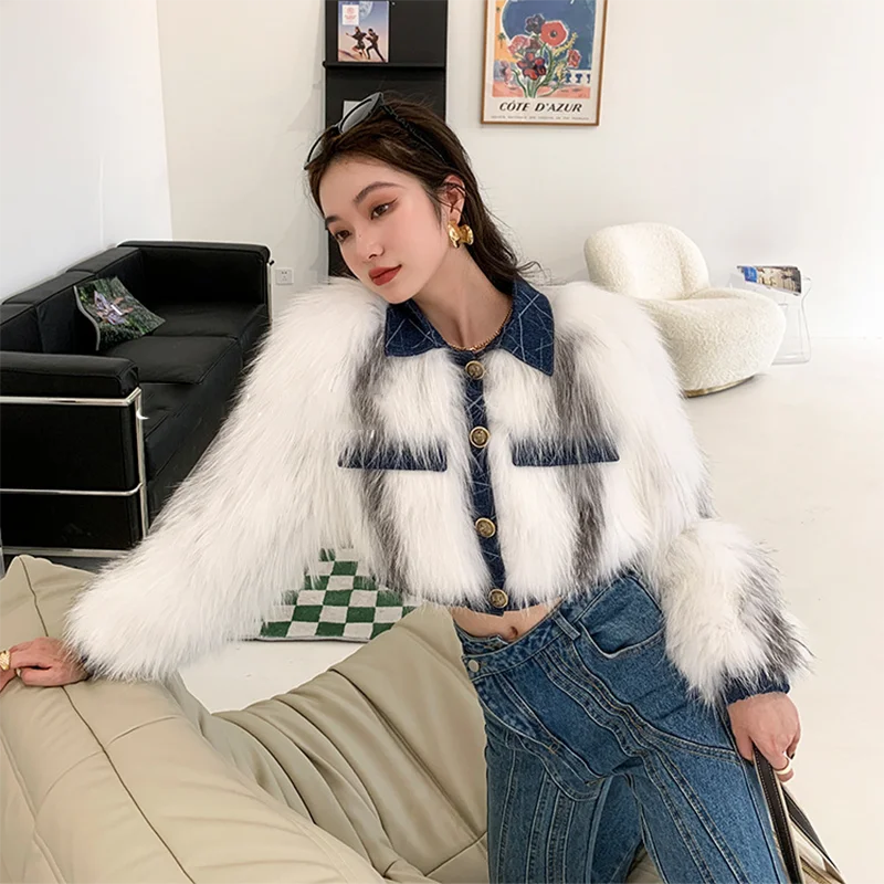 2023 Luxury Fashion Denim Stitching Fox Fur Coat for Women Short Winter Warm Contrast Weaving Single Breasted Sexy Real Fur Jack