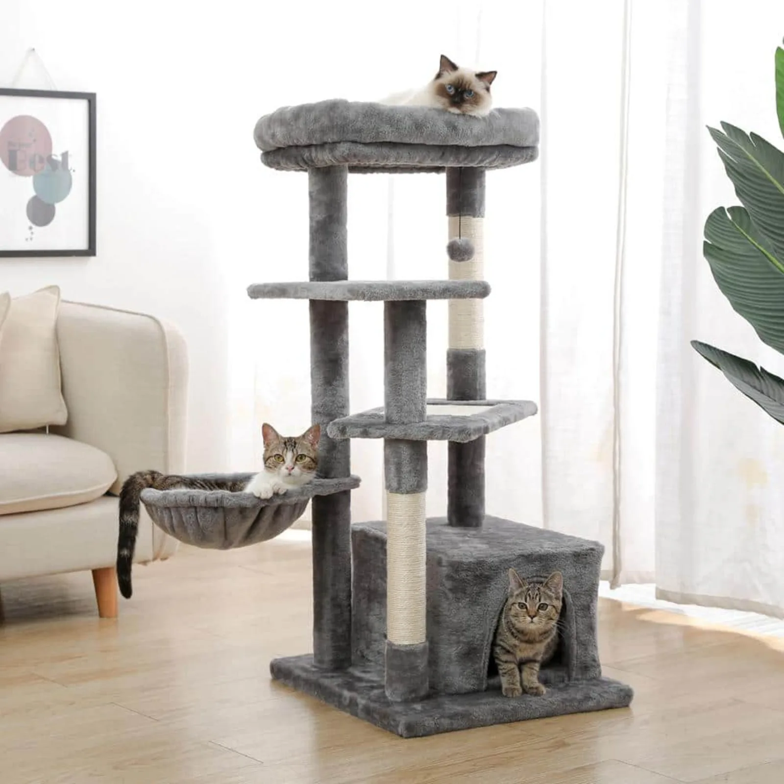 Gray Cat Tree Multi-Level Cat Tower with Sisal Covered Scratching Posts, Spacious Condo, Cozy Hammock and Plush Perch