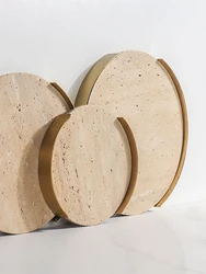 Retro Round Natural Marble Display Tray with Metal Handle Living Room Tabletop Bathroom Vanity Storage Tray Home Decoration