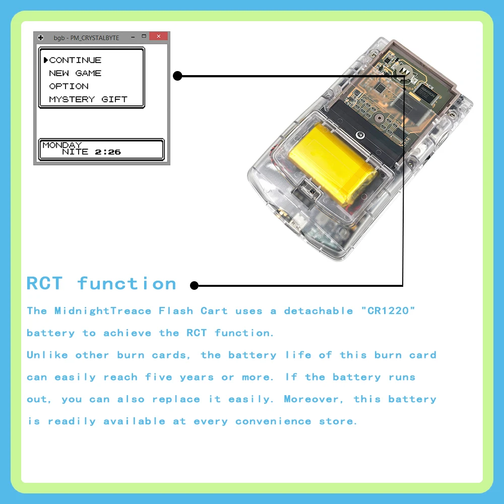 MBC3 RTC FunnyPlaying MidNight Trace GB/GBC عربة فلاش 8 ميجابايت فلاش 64 كيلو بايت فرام بطاقة بطارية قابلة للاستبدال لـ GameBoy GameBoy Color