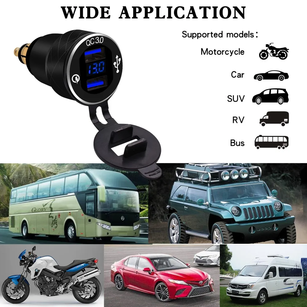 

Car, Motorcycle, On-Board Digital Display Charger With Qc3.0 Dual Usb Port Output, Fast Charging (European Standard)