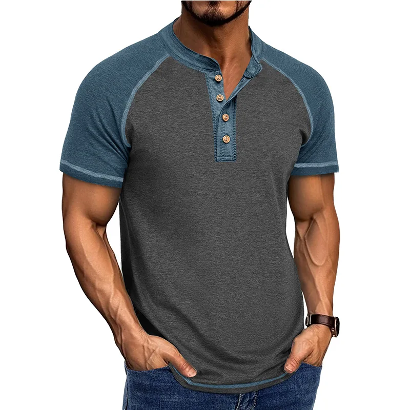 American Retro Summer T-Shirts Men Patchwork Stand Collar Casual Tees Male Short Sleeve Pull On Streetwear Tops Daily Pullovers