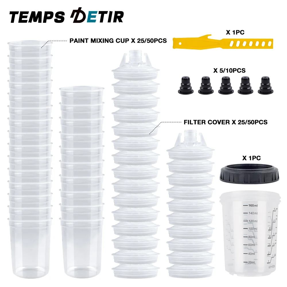 25/50Pcs Spray Gun Paint Mixing Cup H/O Quick Cup Spray Gun Tank 5.41oz/160ML No Cleaning Disposable Paint Cup with Mixing Stick