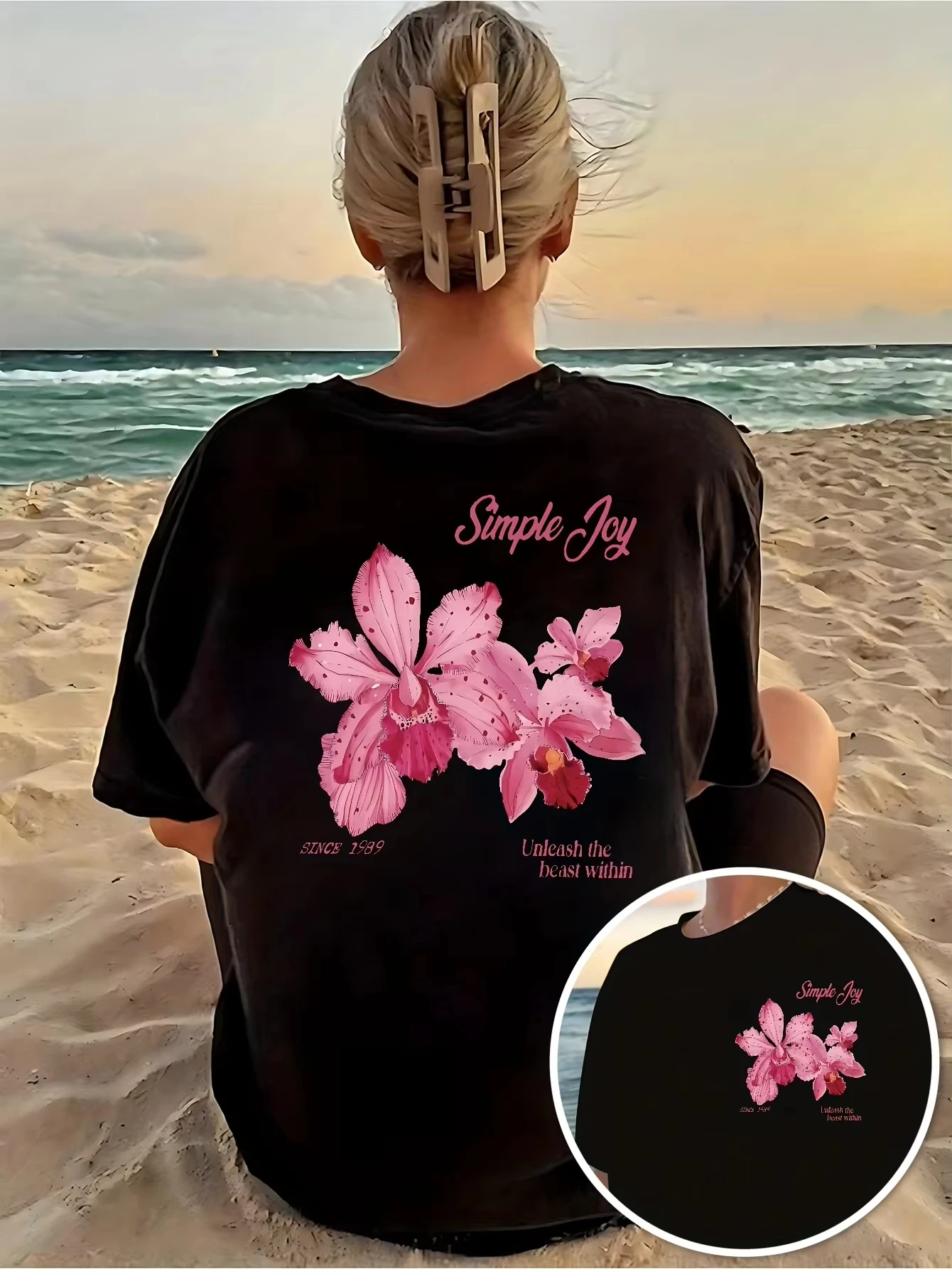 Women's Pink Orchid Print T-Shirt Sleeve Round Neck Top Summer Style T-shirt Fashion Harajuku Kawaii Tshirt Women's Y2K Clothing