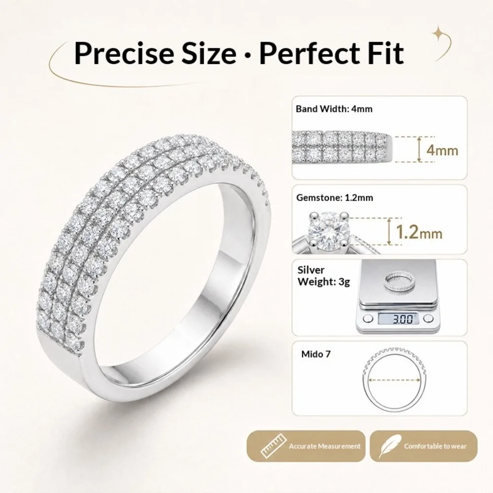 S925 Silver 3 Rows D Color Moissanite Half Eternity Ring for Women Fine Jewelry White Gold Diamond Wedding Band Anniversary Gift