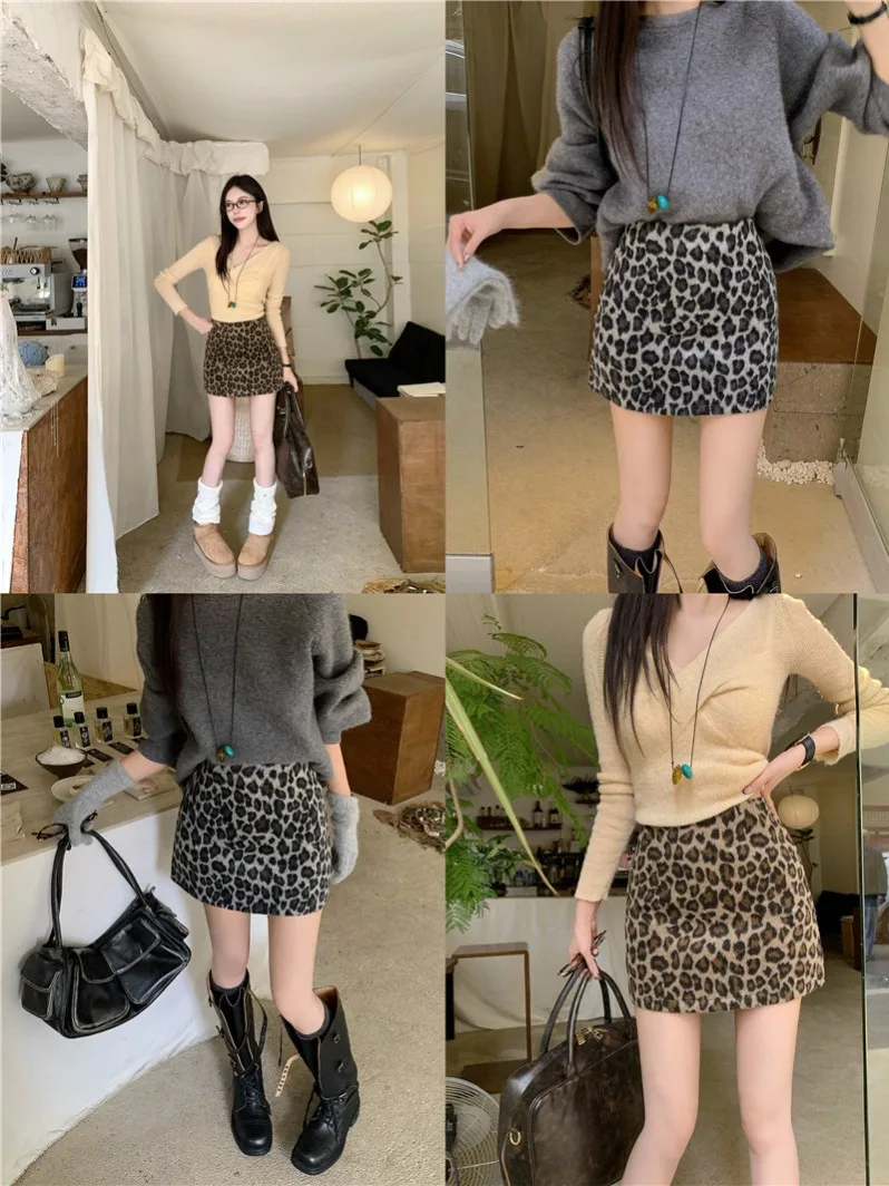 ハイウエスト A ライン スカート レディース ウール チェック柄 痩身 ヒョウ柄 秋冬 通勤 ファッション 韓国 スカート