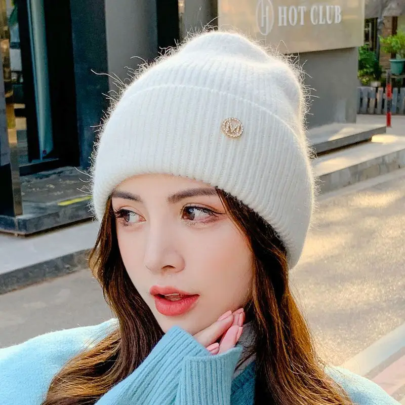 Winter Hat for Women's Pure Color Simple Cuffed Angora Rabbit Fur Knitted Hat Thickened Warm Plush M Letter Ladies Pullover Hats