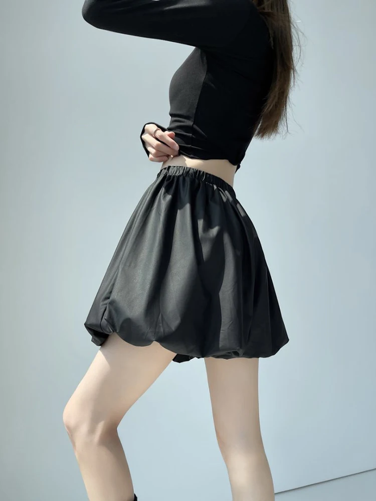 الخريف الشتاء خمر بولي Leather الجلود برعم السراويل للنساء مرونة عالية الخصر الشارع الشهير فضفاض الساخن الحلو سراويل قصيرة سيدة #5