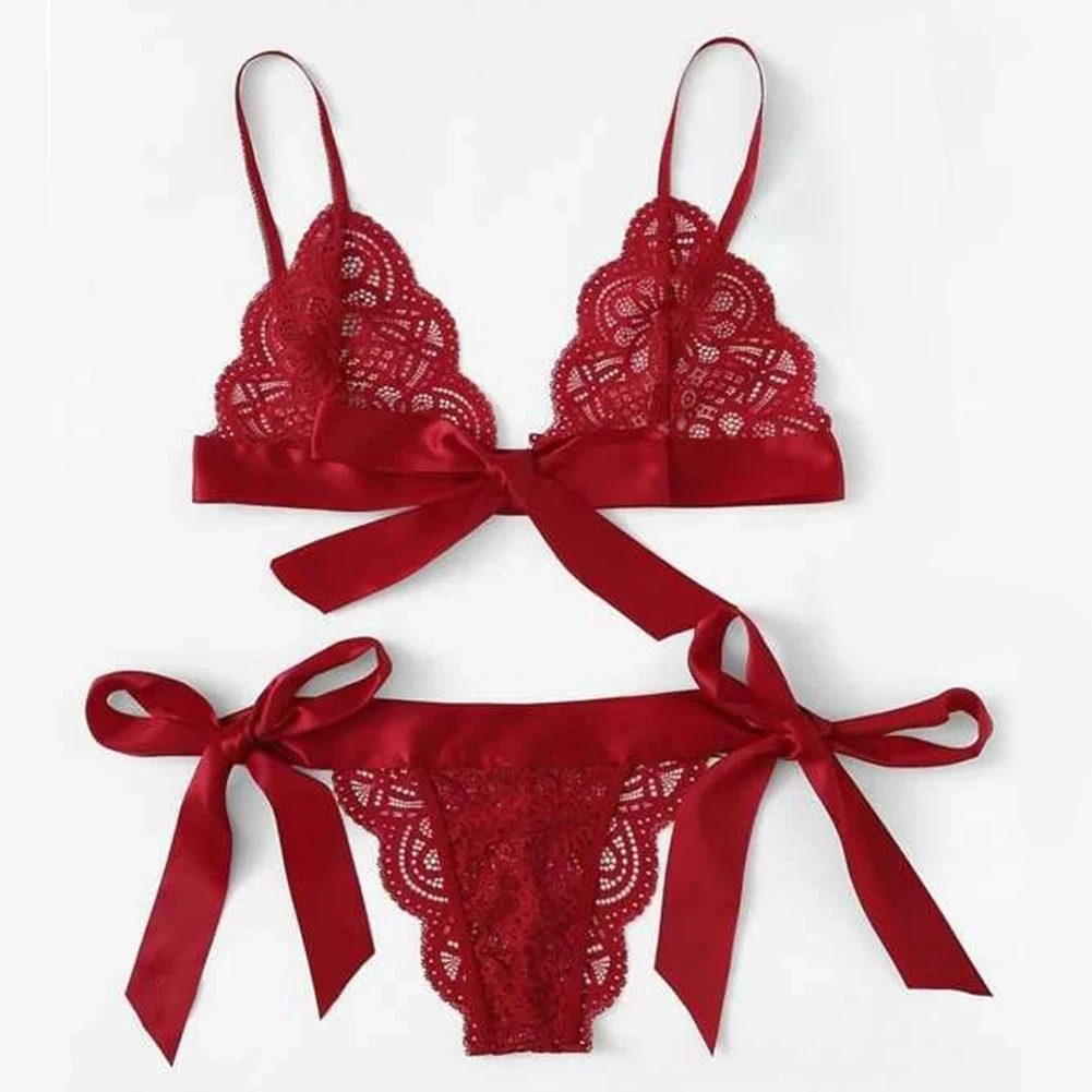 Comfortable Daily Home Women Underwear Brief Set Lace Polyester Red See Though Sexy Slight Stretch Solid Color