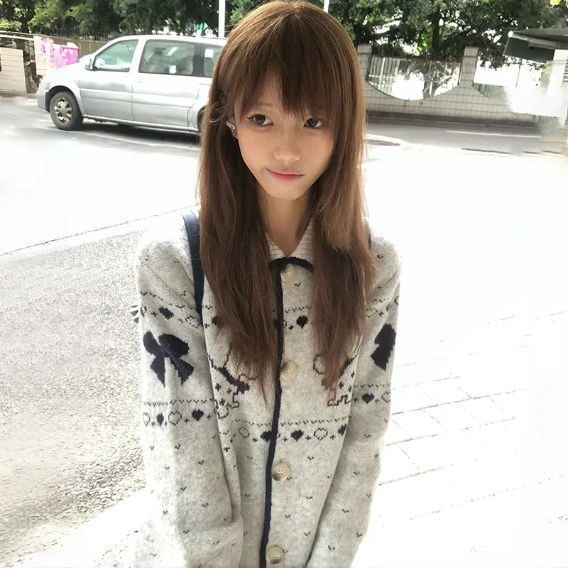 Y2k Retro Puppy Embroidered Cardigan 2000s Style Turn-down Collar Knitted Outerwears Vintage Harajuku Knitwear Spring Autumn