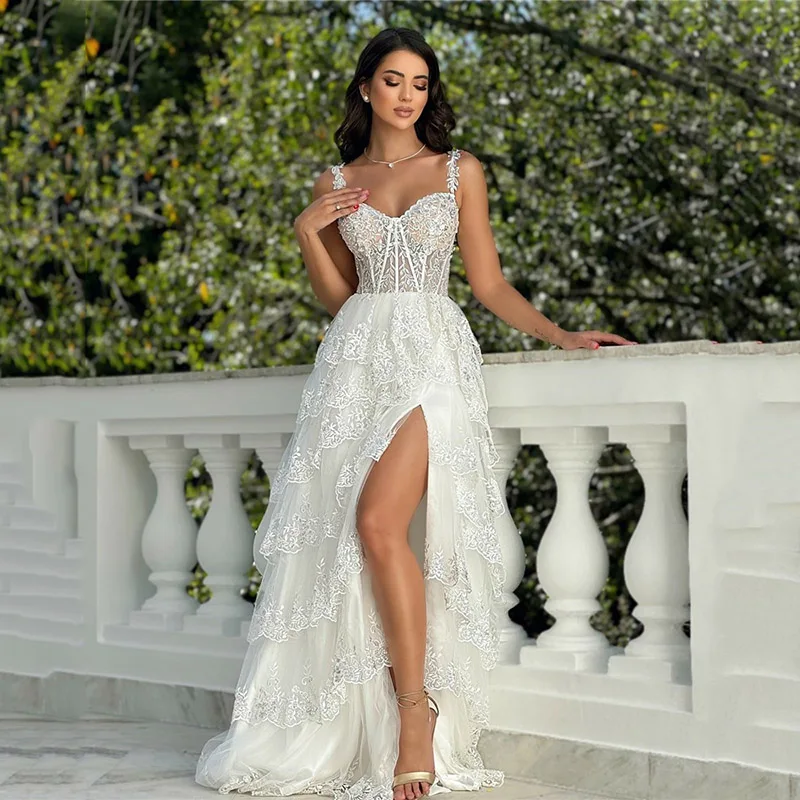 LORIE-Robe de Mariée en Dentelle à Paillettes avec Bretelles Spaghetti, Ligne A, Col en Cœur, Éducative, Fendue sur le Côté