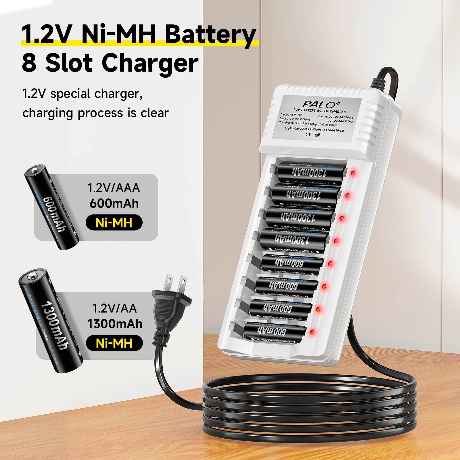 PALO 1.2V AA AAA Ni-MH Battery with 8 Slots LED Charger for NIMH Ni-CD 1.2V 2A 1300mAh 3A 600mAh aa aaa Rechargeable Batteries