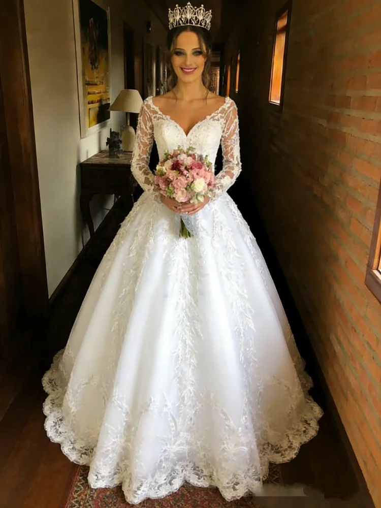 

Customized Sexy And Elegant A-Line Wedding Dress With Lace Bead Decoration Long Sleeved Sweetheart Backless Vestido De Novia