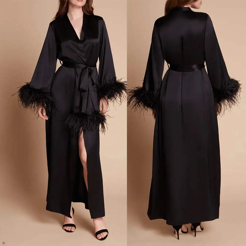 

Women Feather Bathrobe V Neck Long Sleeve Pregnant Party Sleepwear Ruffles Split Sashes Robe Maternity Photo Evening Dresses