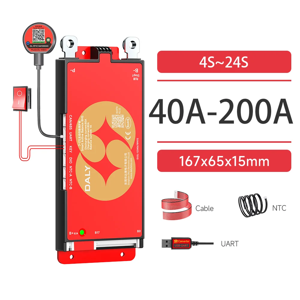 Daly Smart Active BMS 4s LiFePO4 8s 24V 16s 100A 150A 40A 60A 200A 12V 48V LiFePO4 1A Active Balance with UART RS485 WiFi Key